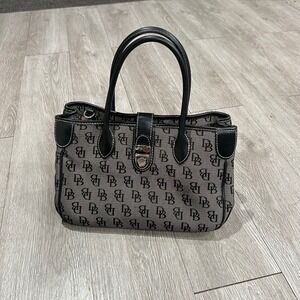 VTG Dooney Bourke Signature Monogram Tote Bag Black Gray Leather Trim 90s Y2K